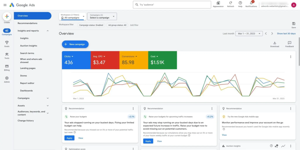 Professioneel dashboard met Google Ads-statistieken en advertentieprestaties.